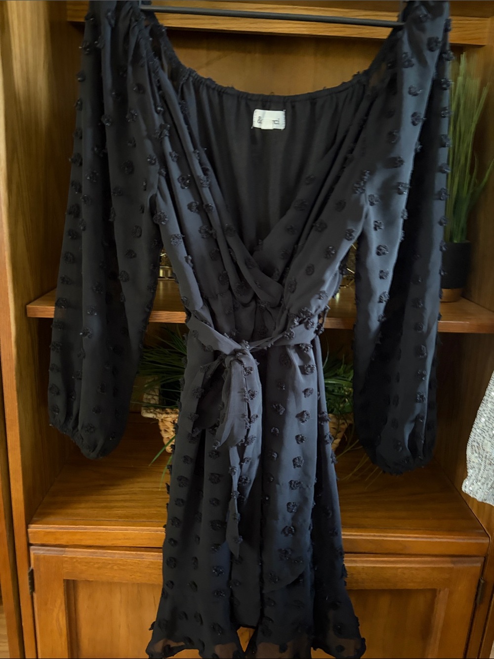 Black Long-Sleeve Textured Wrap Dress with Tie Waist